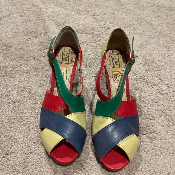 Miss L - Fire Shoes - Miss L- Fire Vibrant Red Yellow and Green Leather Sandals with Peep-Toe Design